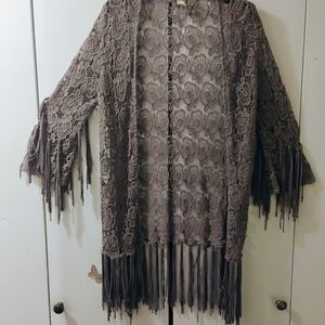 BKE Gray Cardigan Sweater with Fringe